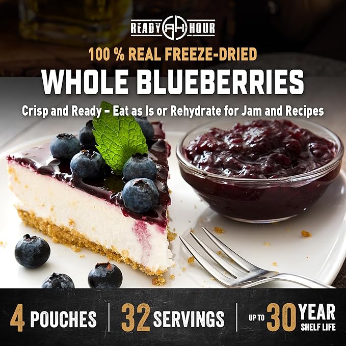 Ready Hour Freeze-Dried Blueberries Case Pack – 32 Servings (4 Pouches) – Shelf-Stable Fruit, Emergency Food Supply, Long-Term Food Storage, Shelf Stable Fruit