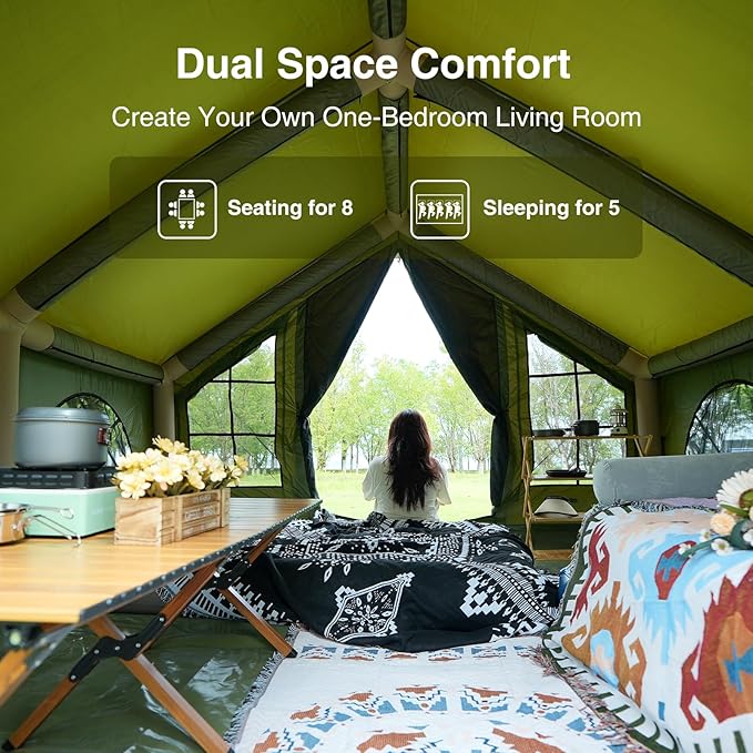 2025 Upgraded Waterproof Inflatable Camping Tent, Large Blow-Up Air Tent, No Assembly Needed Luxury Glamping House, Oxford Fabric
