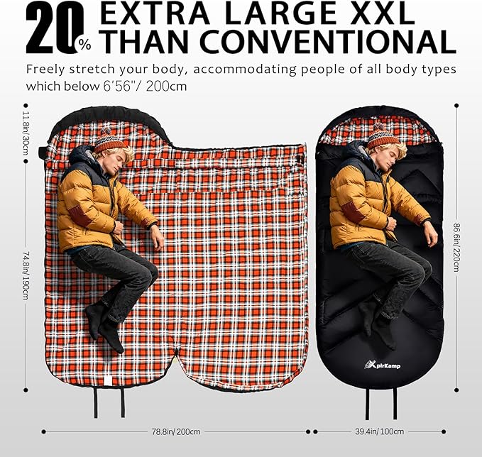 Cotton Flannel Sleeping Bag for Adults,4 Season Extra Big&Tall XXL Portable Sleeping Bag for Winter Cold Weather,Camping SleepingBag with Compression Sack,Hiking Backpacking, Indoor Outdoor