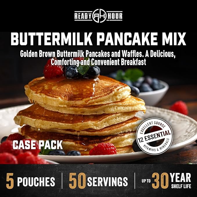 Ready Hour Buttermilk Pancake Mix Case Pack – 50 Servings (5 Pouches) – Emergency Breakfast Supply, Long-Term Food Storage, Prepper Pantry Essentials, Shelf-Stable Breakfast Mix
