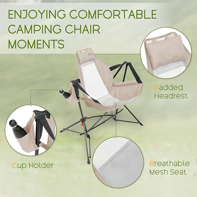 Hammock Folding Camping Chair - Outdoor Portable Swing Camp Chairs Set of 2 with Stand Adults Rocking Swinging Chair for Beach Lawn Patio (Khaki)