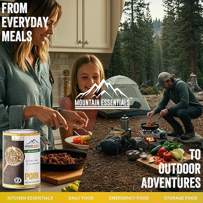 MOUNTAIN ESSENTIALS Canned Pork 14.5 oz – Fully Cooked, Ready to Eat – Pantry Staple Meat for Everyday Meals, Premium Emergency Survival, Bulk Food Storage, Camping, Hiking & Quick Meals – 5-Year Shelf Life – Made in USA – Gluten Free, No Carbs Pack of 12