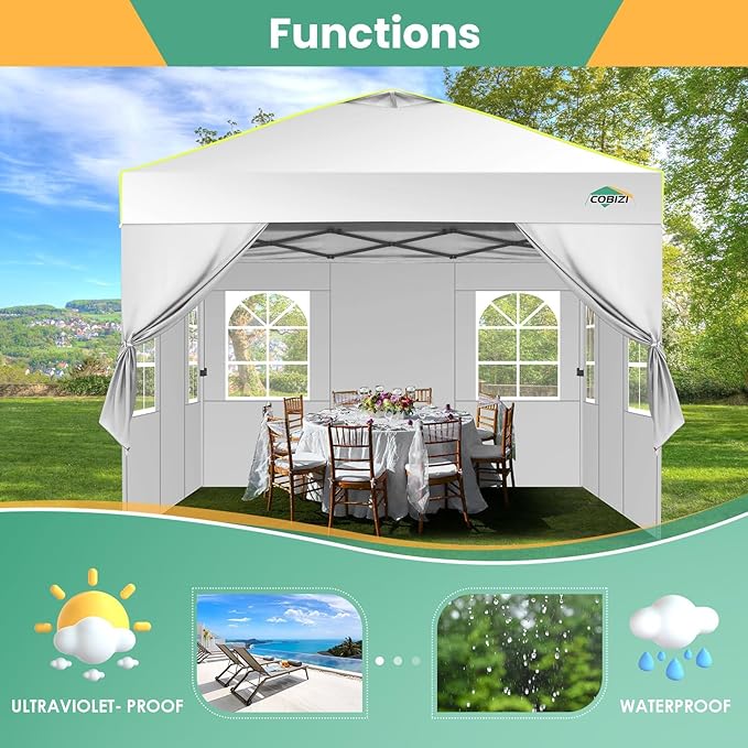 COBIZI 10x10 Pop Up Canopy Tent, Outdoor Party Tent with 4 Sidewall One Push Setup Glow, 3 Adjustable Height Air Vent Waterproof UPF50+, Bag, 4 Sandbag, 8 Stake, 4 Rope for Beach, Commercial