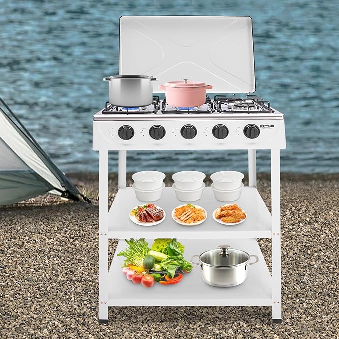5 Burner Natural Gas Burner Portable Camping Stove Manual Ignition Gas Stove with Support Leg Stand and Wind Blocking Cover for RV, Apartment, Outdoor Cooking