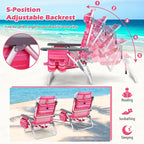 Goplus Beach Chair, Folding Backpack Beach Chairs for Adults with 5 Positions, Head Pillow, Cooler Bag, Towel Bar, Cup Holders, Sunbath Sling Tanning Lounge, Foldable Layout Camping Chairs