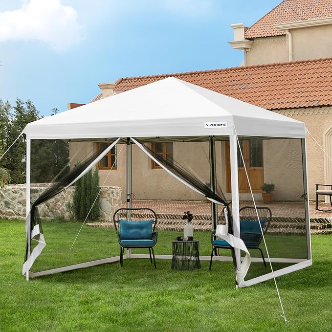 VIVOHOME 10x10ft Easy Pop-Up Canopy, Outdoor Screen Tent with Mosquito Netting, 2 Zipper Doors, and Roller Bag for Yard Camping Picnic Party Events, White