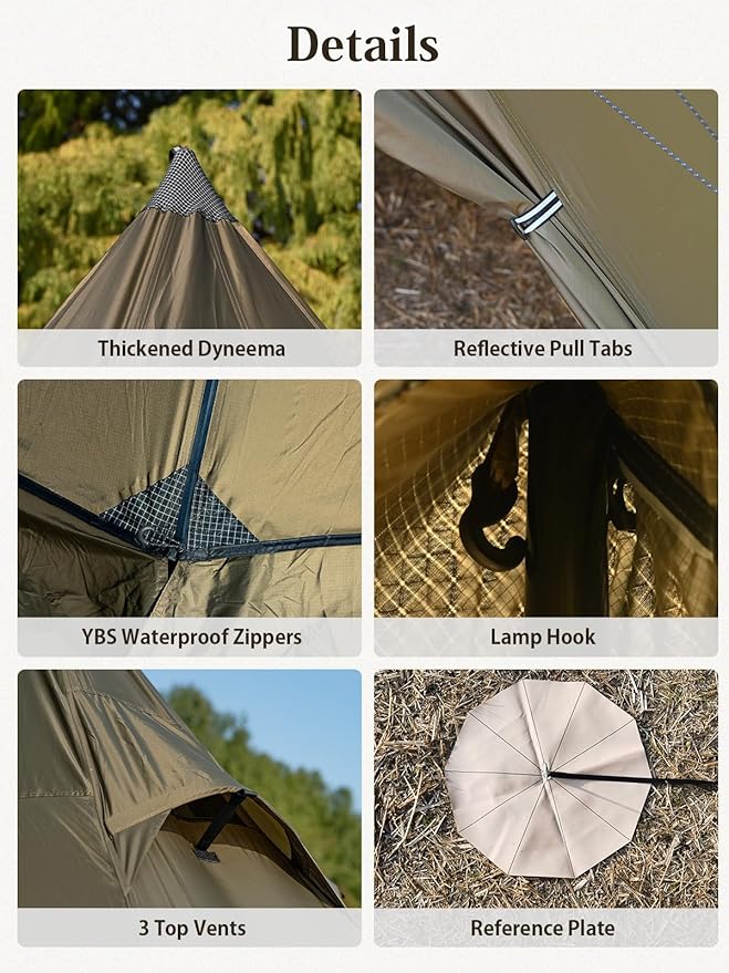 TOMOUNT Hot Tent, Tipi Teepee Tent with Stove Jack, 70D Ripstop Nylon, PU3000mm, Waterproof Lightweight for 2-4 Person, 4 Season Backpacking Hunting Hiking