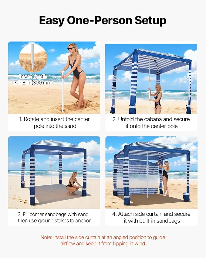 VEVOR Beach Cabana, 8 x 8 ft Beach Canopy with Side Wall, UPF 50+ Protection Easy Setup Cabana Tent with Sand Pockets, Adjustable Height Portable Shade Sun Shelter Umbrella for Family, Navy Stripes