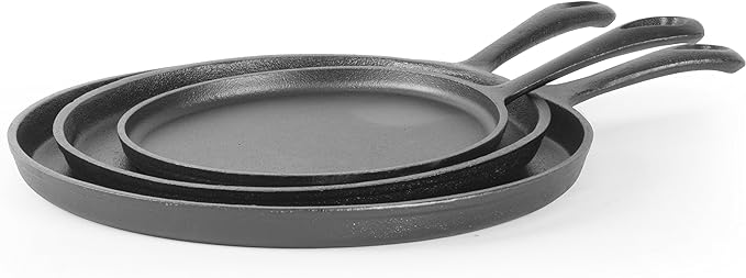 Commercial CHEF 3-Piece Cast Iron Griddle Set, Pre-Seasoned Cast Iron, Includes 8”, 10” & 12” Griddle Pans, Works on All Cooktops Including Induction, Outdoor Cookware for Campfires, CHCI81012