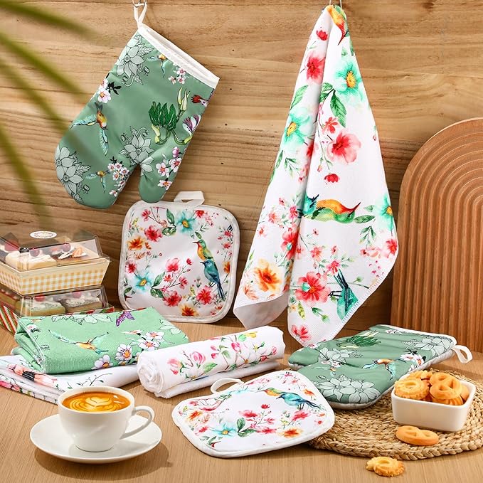8 Pcs Birds Kitchen Gift Dish Towel Pot Holder Oven Mitt Set 4 Tent Car Tea Towels with Funny Sayings Novelty 2 Oven Mitts 2 Pot Holders Coffee Accessories Decor for Rv