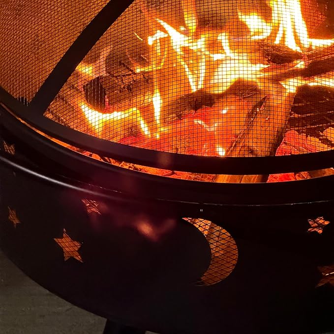32 Inch Fire Pit Outdoor Fireplace, 2 in 1 Metal Round Firepit for Outside Bonfire Party, BBQ, Camping, Backyard, Patio, Garden, Picnic w/Fire Poker, Spark Screen, Grate, Cover (Moon&Star)