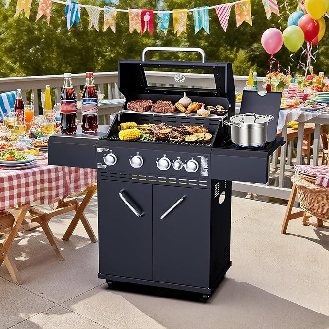 4 Burners Propane Gas Grill with Visual Glass, 50,000 BTU Propane Grill with Side Burner, Double-Layer Lid, Stainless Steel Grate,Outdoor Cook BBQ Grill for Patio, Camping, Backyard