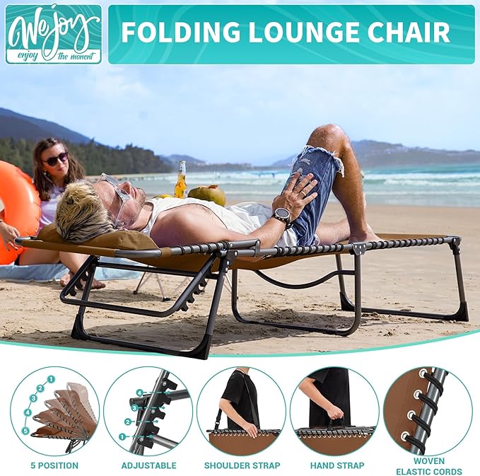 #WEJOY Folding Lounge Chair Outdoor, 5-Position Adjustable Sunbathing Tanning Chair with Shoulder Strap & Side Pocket, Heavy Duty Reclining Chair for Patio Pool Camping, Portable Folding Bed Cot Khaki