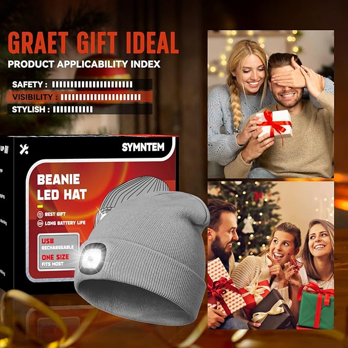 Unisex Beanie Hat with Light, Rechargeable Headlamps Cap, Gifts for Men, Hiking, Camping headlamps, Cool Gadget Birthday Gifts for Men, Women, Dad, Father, Boyfriend, Grey