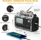 Emergency Radio 12000mAh with NOAA Weather Alert | Solar, Hand Crank, Battery AM/FM/Shortwave with Type-C Charger, Flashlight, SOS for Hurricane, Camping, Outdoor Survival