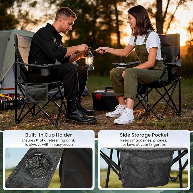Portable Camping Chair 2 Pack, Folding Outdoor Chair with Cup Holder & Side Pocket for Camping, Hiking, Picnic, Beach (Black)