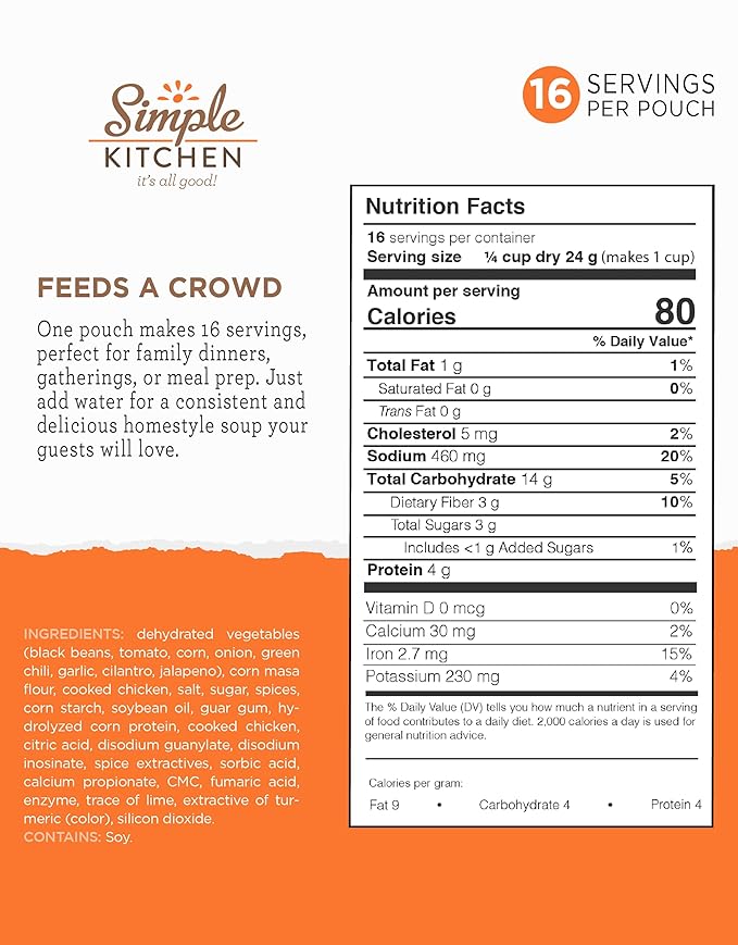 Simple Kitchen Chicken Tortilla Soup Mix – 16 Servings, Meal Prep Gluten Free Chicken Soup, Prepared Meals & Dehydrated Survival Food for Camping, Backpacking & Hiking, Survival Kit, Pack of 4, 1 Gal.