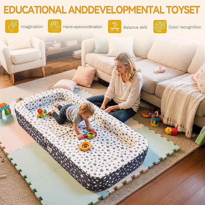 Toddler Travel Bed,Foldable & Portable Baby Cot,Three-in-one Design Little Sofa,Play Mat,Floor Bed for Kids,Oxford Fabric with Star Print,Lightweight&Easy Carry 60"x30"x7.9" (Sleeping Lounging Play)