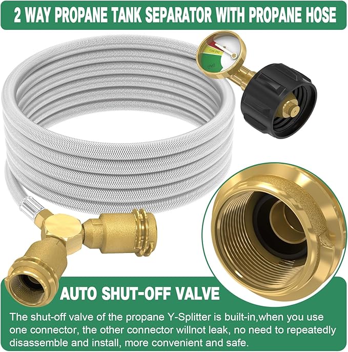 GardenNow 12FT Propane Hose with Propane Splitter 2 Way, Propane Y Splitter Adapter with Shut Off Valve, Two Way LP Gas Adapter Tee Connector for 20lb Propane Tank, Heater, Camping Stove, Gas Burners