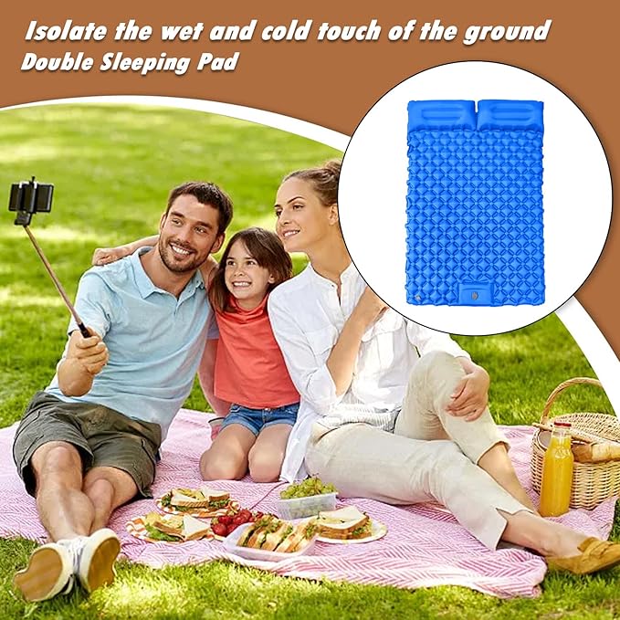 Inflatable Travel Mat with Built-in Pillow - Double Sleeping Pad, Compact Lightweight Gear for Camping Hiking Trekking Tent Backpacking Outdoor Adventures Rest Comfort Air Cushion