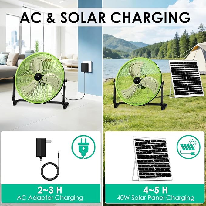 20" Solar Fan, Large Solar Powered Cordless Camping Fan, Rechargeable Battrey Operated Fans for Outside, 360° Tilt, Hi-airflow, Wireless, for Home Garage Outdoor Patio Travel Greenhouse