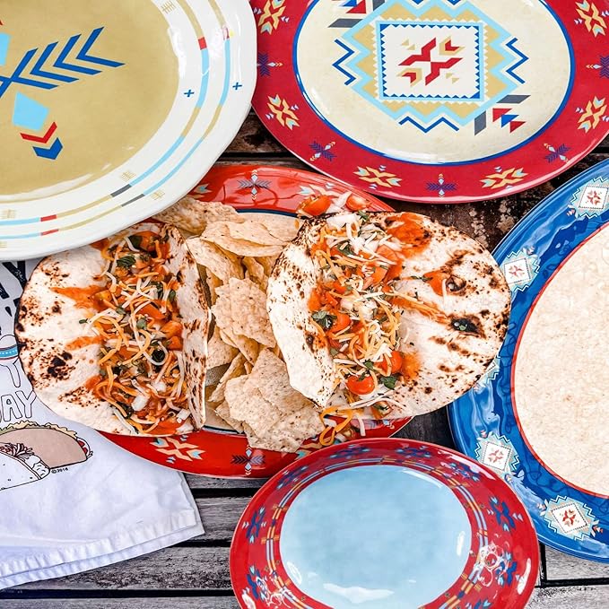 Paseo Road Spirit Valley 14 Piece Melamine Plastic Dinnerware Set with Plates, Bowls and Serving Platter, Southwestern Rustic Cabin Lodge Aztec Style