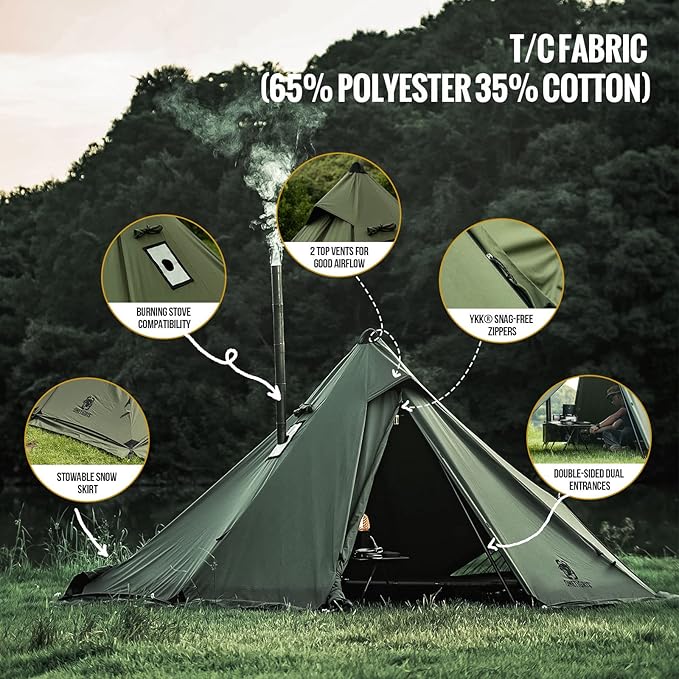 OneTigris Conifer Canvas Hot Tent with Stove Jack, Fire Retardant Teepee for Adults, Snow Skirt for Winter Camping, Travel, Bushcraft
