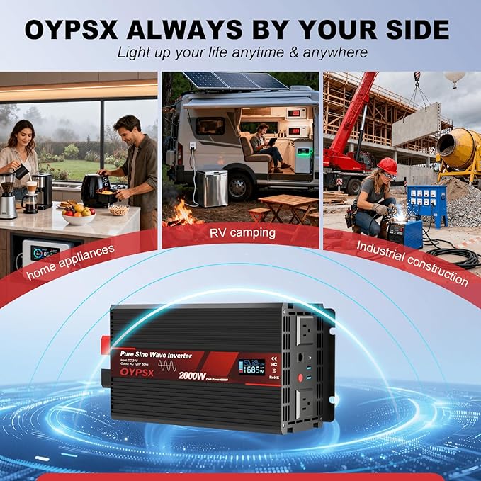 2000W Power Inverter 24V to 110V 120V AC Pure Sine Wave Inverter for RV Truck Camping,Outdoor Off-Grid Power Converter with LCD Display,Wired Controller,AC Outlets USB Ports(24V-2000Watts)
