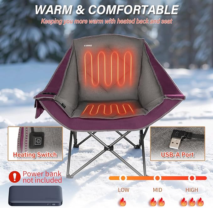 CAMPHILL Heated Camping Chairs,Oversized Padded Heating Lawn Chair with Cup Holder,Wide&Thick,Heavy Duty Folding for Patio,Tailgates,and Sports,Battery NOT Included,Purple