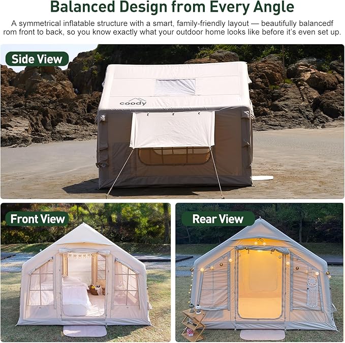 Coody Inflatable Canvas Camping Tents with Stove Jack – Premium Air Beam Family Glamping Tent, Breathable Cotton Canvas, Fast Setup Air Tent with Pump
