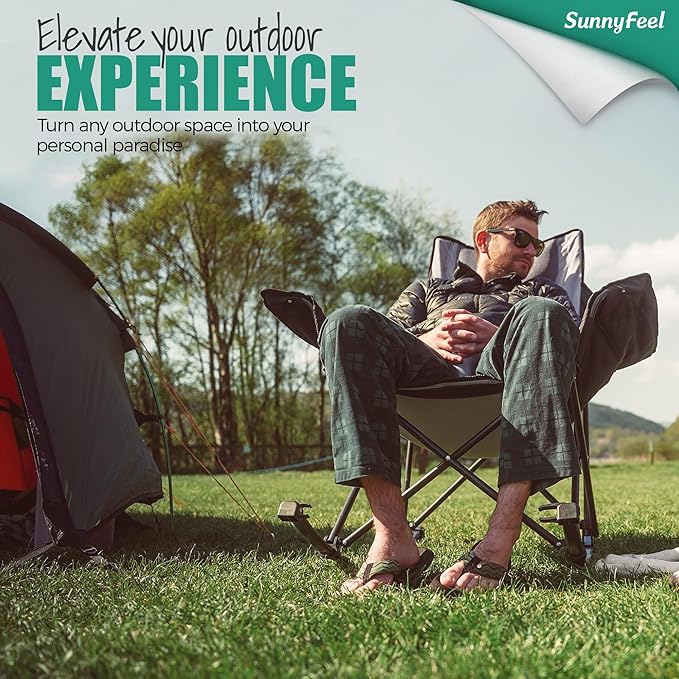 SUNNYFEEL Oversized Rocking Camping Chair, Fully Padded Patio Chair with Side Pocket, High Back Portable Lawn Recliner with Headrest, Outdoor Camp Rocker Chairs for Adults Heavy Duty 500 LBS Carry Bag