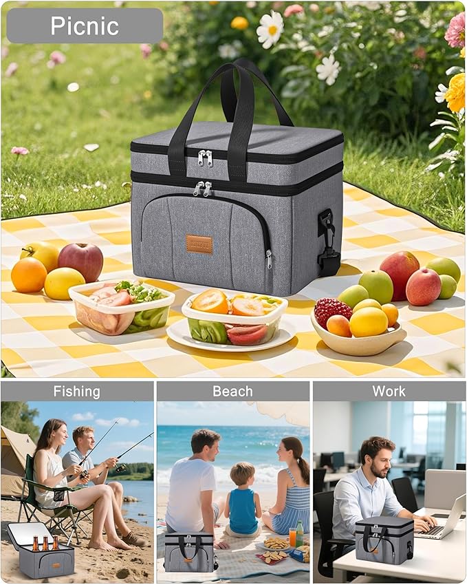 Rnivvi Lunch Box for Men, Double Decker Insulated Cooler Bag Lunch Bag Reusable Leakproof Tote Lunch Container with Strap for Work Family Picnic Hiking Camping, 18 Cans 12L, Large Adults, Gray