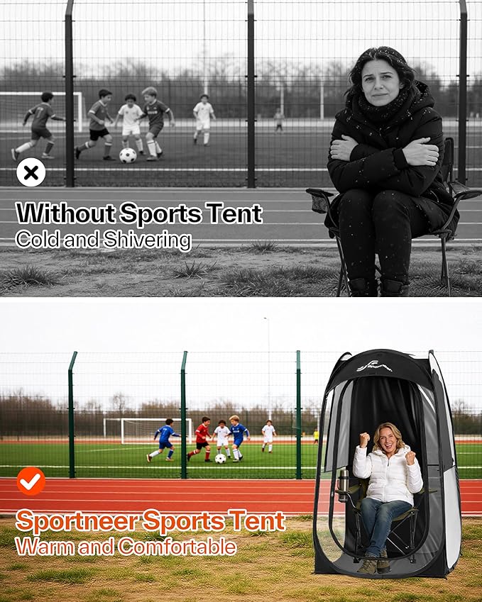 Sportneer Sports Tent: 1 Person Instant Shelter with Ultra Visibility for Cold Day - Lightweight Portable Pop Up Tent for Sports Event, Protection from Cold Wind and Rain, 37" Lx 37" W x 63.5" H