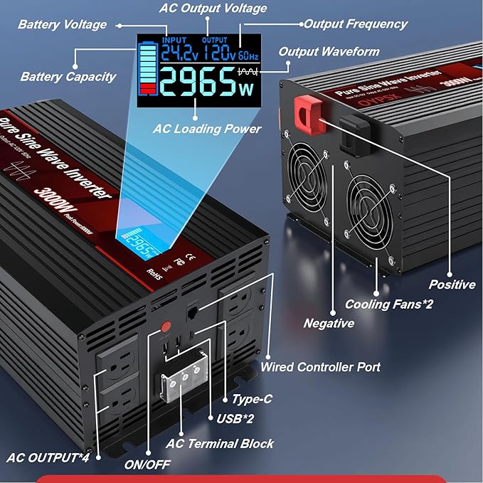 3000W Power Inverter 24V to 110V 120V AC Pure Sine Wave Inverter for RV Truck Camping,Outdoor Off-Grid Power Converter with LCD Display,Wired Controller,AC Outlets USB Ports(24V-3000Watts)