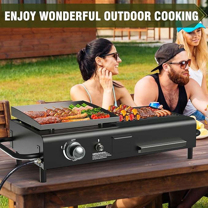 BESTFIRE Tabletop Propane & Charcoal Grill Combo, 70,000 BTU Dual Fuel Flat Top Griddle, 2 Side Shelves & Cast Iron Cooking Area – Compact BBQ Grill for Patio, Camping, and Small Outdoor Spaces