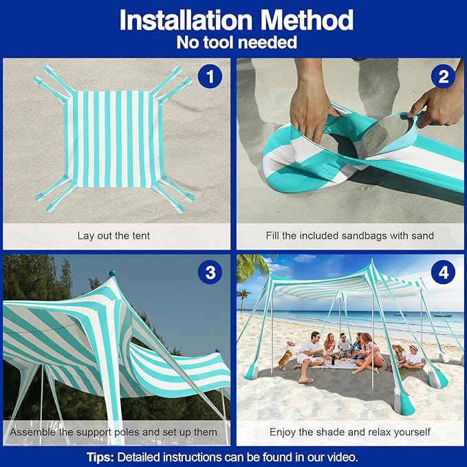 Rhino Valley Beach Tent Shade Canopy UPF50+ Protection, 8 Sandbags, 4 Stability Poles, Outdoor Sun Shelter Umbrella for Sand, Camping, Fishing Essentials