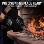RAPICCA Fireplace Gloves Fire Heat Resistant: Black 14IN - Fireproof Leather for Fireplace Fire Pit Wood Stove Campfire Furnace BBQ Grill Oven Stick Mig Welding Welder Gear - Birthday Gift for men