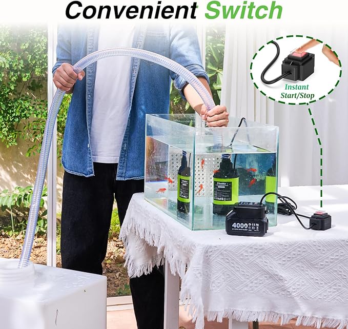 Cordless Submersible Water Pump Brushless, Small Battery Powered Sump Pump with 2x4000mAh Battery & Hose for Swimming Pool Tank Garden Pond Basement Camping Boat Rain Barrels Outdoor Draining