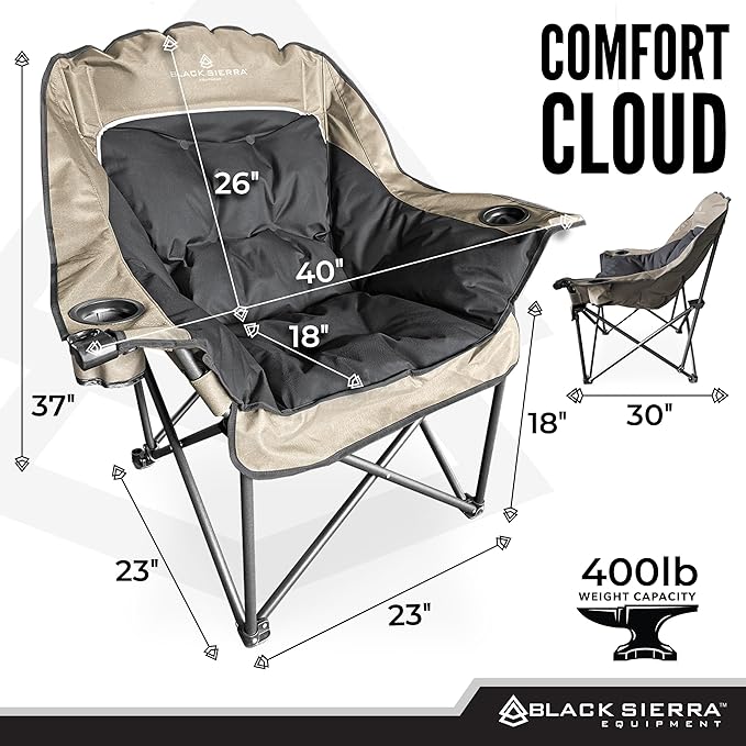Black Sierra Oversized Camping Chair for Adults – 400 lb Heavy Duty Folding Chair with Cup Holders & Carry Bag