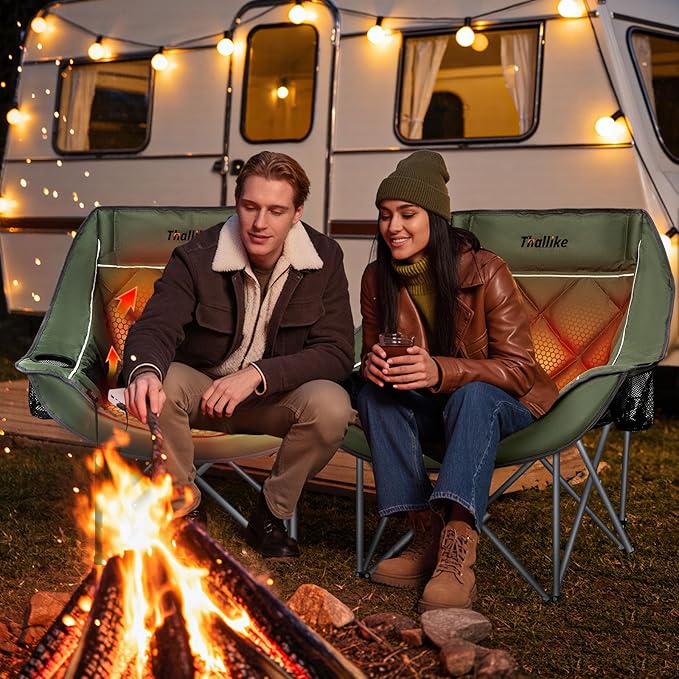 Heated Oversized Camping Chair for Adults Portable Folding Padded Chair with 3 Heat Levels Cup Holder Side Pocket and Carry Bag for Camping Outdoor Sports Picnic Green 2 Pack Set Supports up to 450lbs