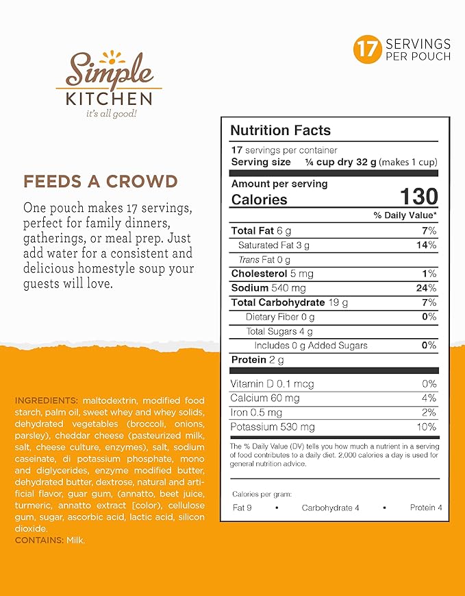Simple Kitchen Broccoli Cheese Soup Mix - 17 Servings for Meal Prep, Vegetarian, Gluten Free & Freeze Dried Broccoli Cheddar Soup, Canned Food for Camping Meals & Hiking, Survival Kit, Pack of 4