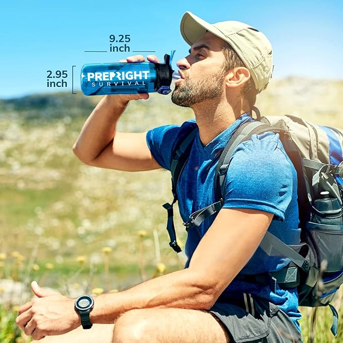 Survival – 4-Stage Water Filter Bottle, BPA-Free 22oz Camping Water Bottle with Built-In Compass, Travel and Emergency Preparedness Gear, Blue