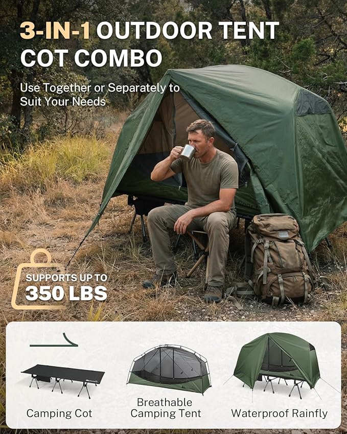 Gonex Camping Tent Cot for Adults, 1-Person Off-Ground Folding Portable Easy Set-up Tent Cot Combo for Hiking, Backpacking, Car & Motorcycle Camping(31.5" W X 78.7" L)-Army Green