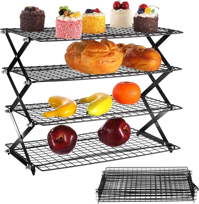 4-Tier Collapsible Cooling Rack, Adjustable Stackable Wire Baking Rack, Iron Wire Rack 17.72 x 9.72 x 16.81 in, Foldable Storage Shelf for Camping Picnic, Roasting Grilling Drying