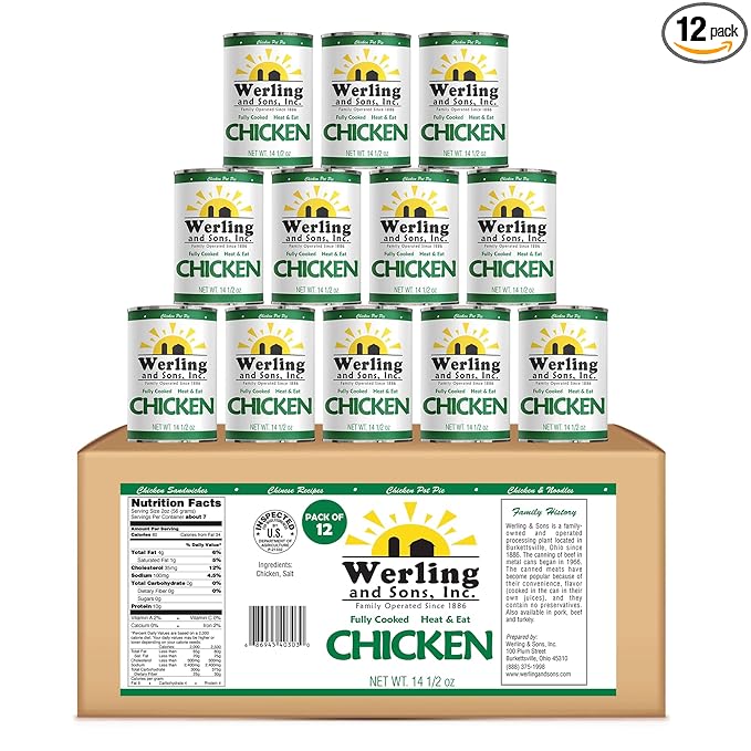 Werling & Sons Canned Chicken 14.5 Oz– Fully Cooked, Ready to Eat | Premium Quality, Recipe-Ready Canned Meat | 5-Year Shelf Life | Pantry Staple for Camping, Survival & Emergency Use | Made in USA | Pack of 12