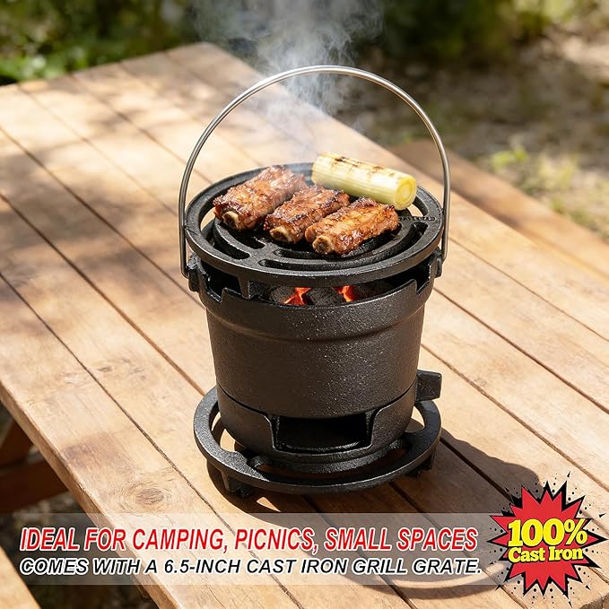 2-in-1 Hibachi Grill Outdoor, Pre-Seasoned Cast Iron, Tabletop MINI Portable Charcoal Grill for Camping - w/Draft Door, 2PCS Grates 6.3"