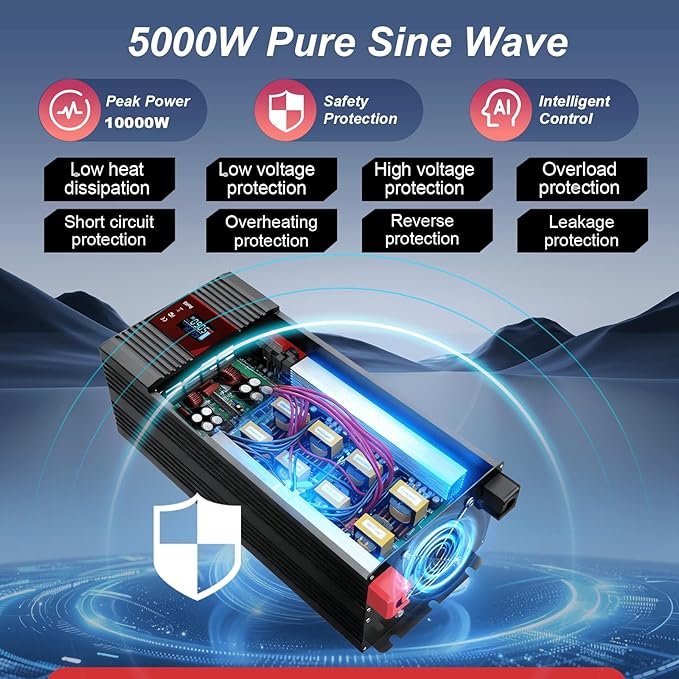 5000W Power Inverter 24V to 110V 120V AC Pure Sine Wave Inverter for RVs Truck Camping,Outdoor Off-Grid Power Converter with LCD Display,Wired Controller,AC Outlets USB Ports(24V-5000Watts)