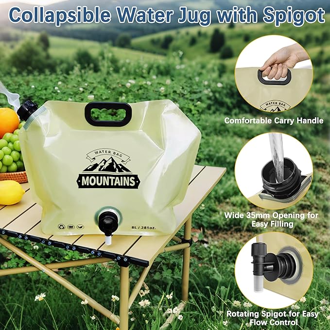 Water Jug Camping 2.1 Gallon Collapsible with Spigot, BPA Free Portable Water Pouch Foldable Water Bags for Outdoor Hiking, Travel and Emergency & Water Storage Containers (Beige-1Pcs)
