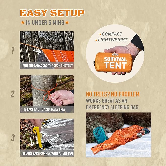 Emergency Tent, 2 Person Survival Shelter, Thermal Mylar, Waterproof, Outdoor Camping Gear and Equipment, Survival Kits, Compact Bivvy Tarp, Includes Paracord and Accessories.