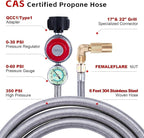 6 FT Propane Adapter Hose with 0-30 PSI High-Pressure Adjustable Propane Regulator Gauge Universal Type 1 (QCC1), Propane Hose for 17"/22" Blackstone Tabletop Griddle Coleman Portable Grill